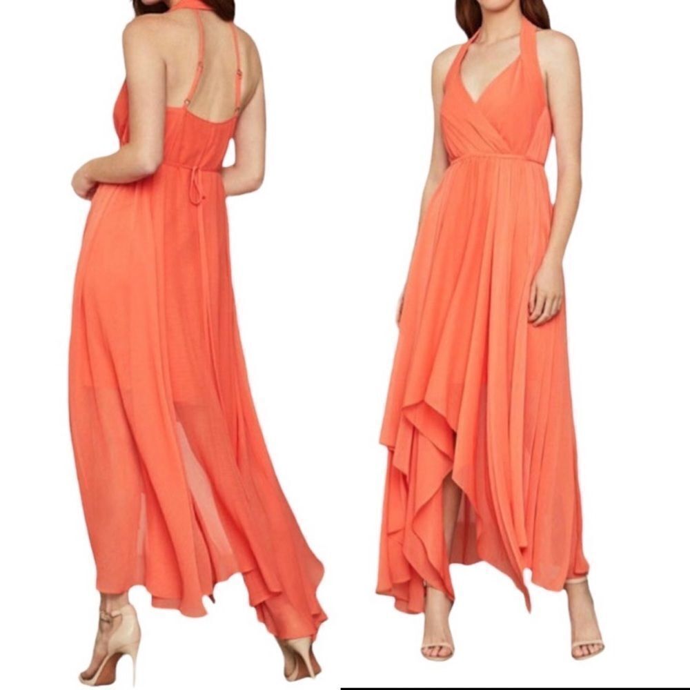 BCBGMAXAZRIA Chiffon Faux Wrap High Low Halter Maxi Dress Salmon XS